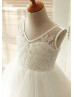 Ivory Lace Tulle V Neck Knee Length Flower Girl Dress